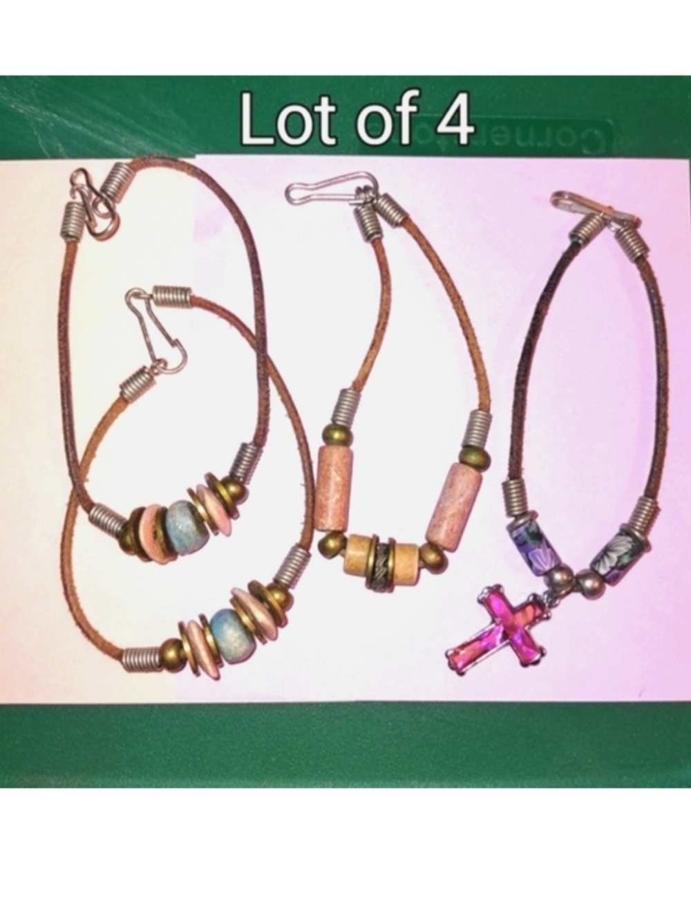 Lot of 4: Crystal Cross & Beaded Suede Bracelets